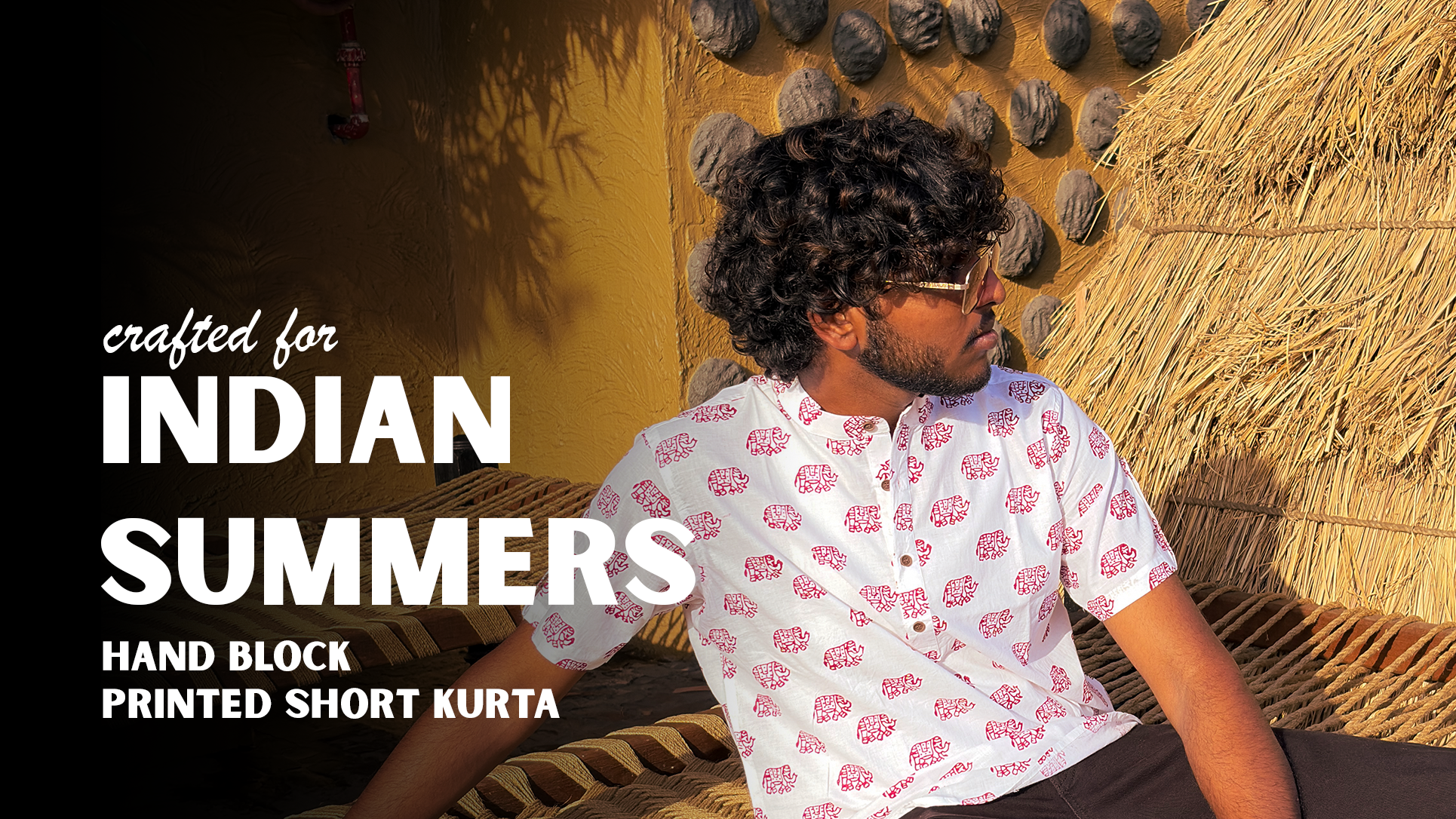 Man sitting on a traditional bench wearing a hand block printed short kurta with text overlay.